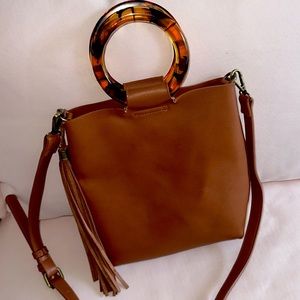Anthropologie Lucite handle brown leather tote with removable cross-body strap